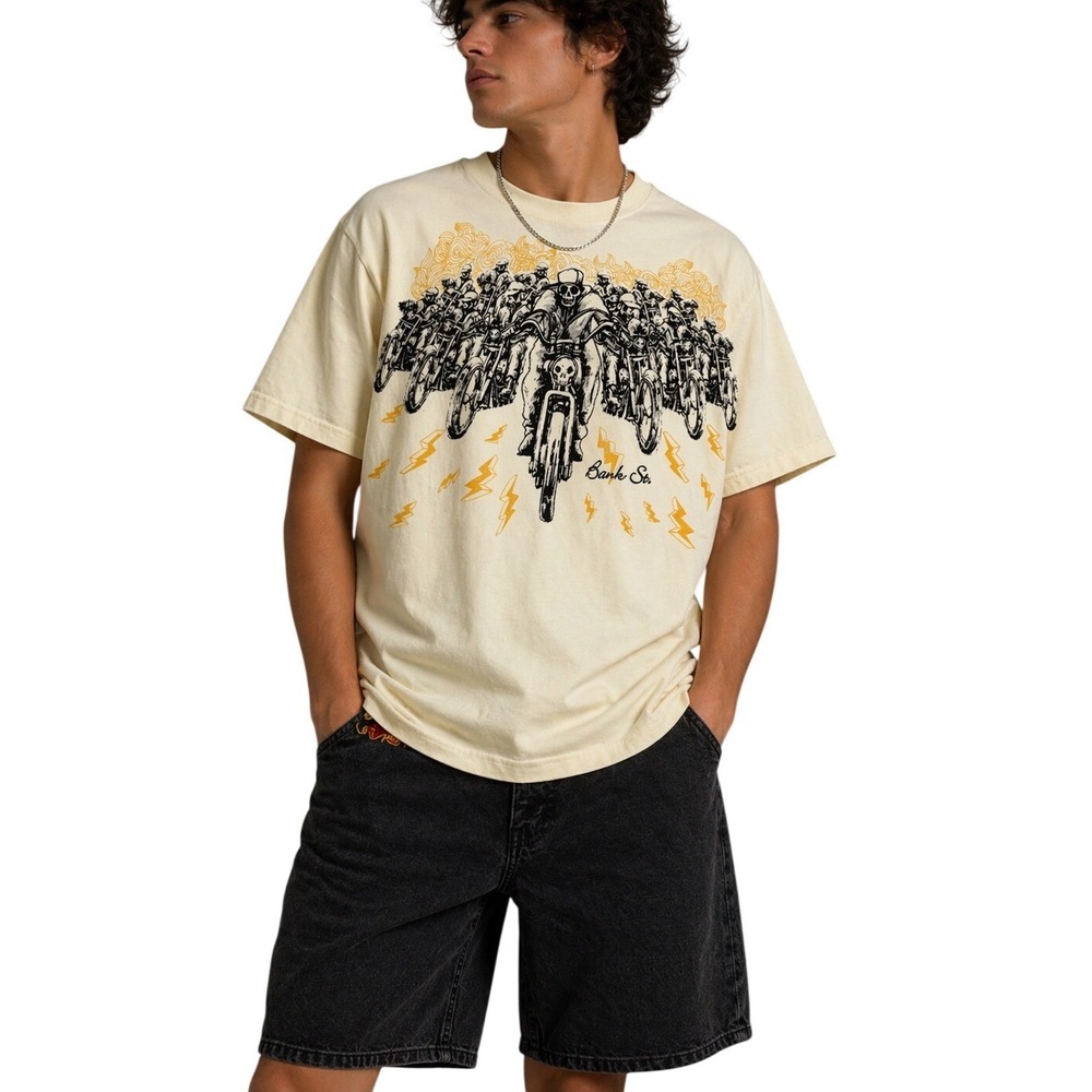 Twins Mens‎ Cream Skeleton Motorcycle Biker Graphic T-Shirt Bank St Size M